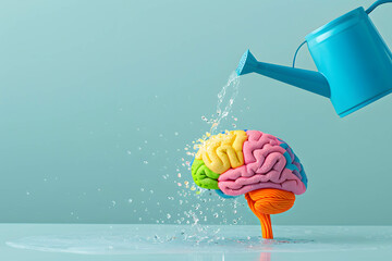learning new things concept, continuous skill development and practice, an illustration of colorful brain and watering can