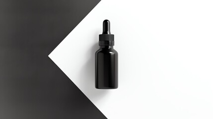 Fototapeta premium Minimalist black dropper bottle on black and white geometric background, perfect for skincare or cosmetic brands seeking elegance.