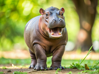 Fototapeta premium Adorable baby hippo stands upright on hind legs, mouth agape, revealing tiny teeth, exuding innocence and friendliness in a heartwarming, tender animal portrait.