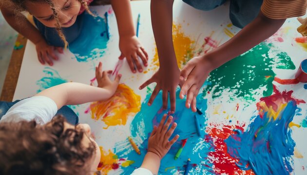 Three diverse children paint and make hand prints on a large sheet of white paper