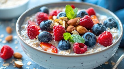 A bowl of overnight oats topped with fresh fruit and nuts, highlighting a healthy breakfast option