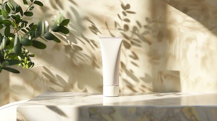 Minimalist white cosmetic tube displayed on marble surface with natural shadows, ideal for beauty and skincare product advertisements.