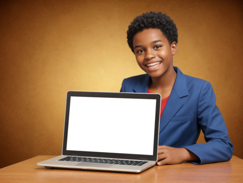 Young black schoolboy smiles and holds laptop with blank transparent screen - Powered by Adobe