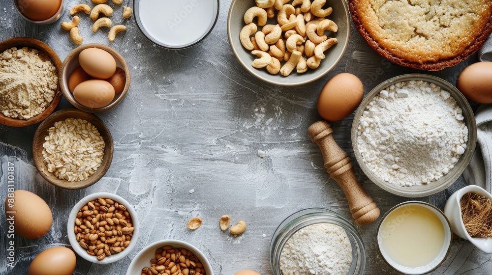 Wall mural Baking recipe with ingredients for cashew butter cake Overhead view