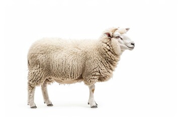 Portrait of a sheep with white coat, standing in profile on white background.