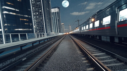 Obraz premium City Lights and Rails, A Festive Evening Commute