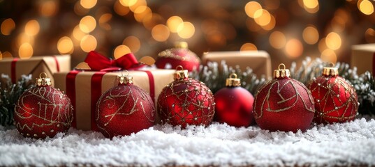 Christmas tree with red ornaments, gifts, snowy background, holiday celebration and seasonal decor