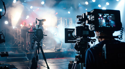A detailed behind-the-scenes view of a commercial film production, featuring sophisticated cameras, lighting equipment, and a dedicated crew.