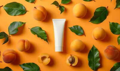 Bright Orange Skincare Product Surrounded by Peaches and Green Leaves