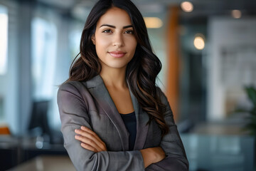 successful confident arabian hispanic smiling latino indian businesswoman worker lady boss female leader business woman posing hands crossed looking at camera in office corporate portrait
