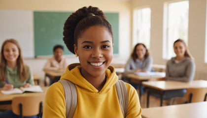 A smiling black girl with headphones is wearing a hoodie and a backpack. space to copy