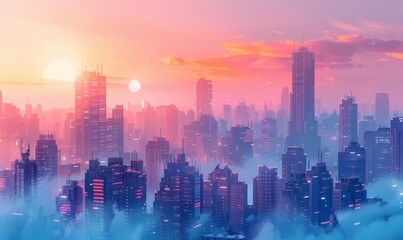 Vibrant Sunrise over Modern City Skyline with Colorful Hues