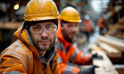 Construction Workers in Orange Gear at Building Site on Rainy Day