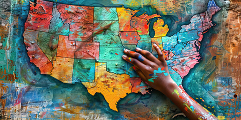 The Shaping of America: A map of the United States, with the hand of a diverse citizen gently tracing its borders.