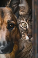 Close-up Portrait of Dog and Cat with Detailed Fur Colors