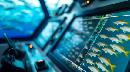 Naklejka premium Closeup of a fish finder screen on a professional fishing boat, showing schools of fish underwater 