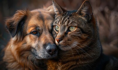 Warm Toned Close-Up of Dog and Cat Friendship