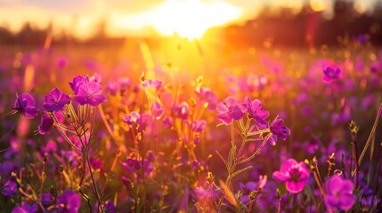 Sunlit Field of Purple Wildflowers at Sunset