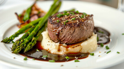 Closeup of a plated dish at a wedding, featuring filet mignon with a red wine reduction, garlic mashed potatoes, and asparagus, garnished to perfection 