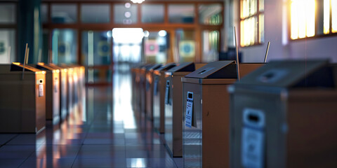 Fototapeta premium The Democratic Process: A row of ballot boxes with a sign pointing the way to the polling station.