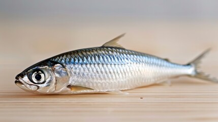 Fototapeta premium Closeup of a sardine with its tail slightly curved, isolated on a clean white background, highlighting its form 