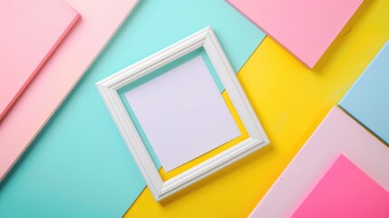 Pastel colored background with photo frame top view
