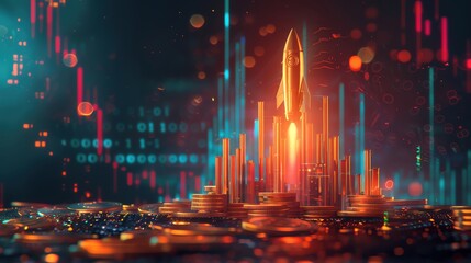 Generate an image of a pile of various cryptocurrency tokens centered around a golden Bitcoin, with a rocket standing tall, against a glowing financial data chart