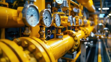 Obraz premium A close-up shot of yellow gas pipes and monitors in an industrial setting, emphasizing the use of water industry equipment