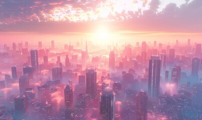 Fototapeta premium Vibrant Sunrise Over a Futuristic Cityscape with Pink and Orange Hues