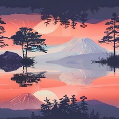 Serene sunset over lake with mountain and island reflection