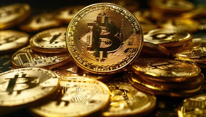 A pile of gold coins with the bitcoin symbol on them. There is one large coin in focus, and several smaller ones behind it. 