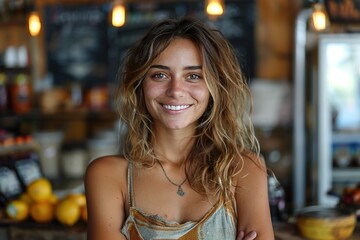 Fototapeta premium Young latin shopkeeper girl with arms crossed smiling happy at the fruit store