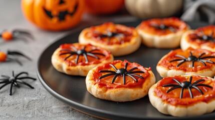 Closeup of Halloween finger foods like mini pizzas shaped as pumpkins, served on a festive platter with spider decorations 