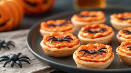 Closeup of Halloween finger foods like mini pizzas shaped as pumpkins, served on a festive platter with spider decorations 