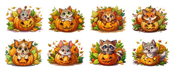 Set of adorable animals in carved pumpkins isolated on a white background. Concept of Halloween, cute pets, autumn fall season, woodland creatures. Print. design elements. Graphic. Clip art