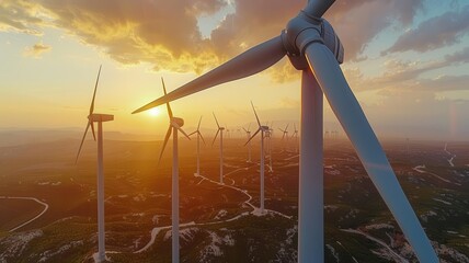 Capture a birds-eye view of a wind farm at sunset,showcasing rows of sleek, rotating turbines against a golden sky in photorealistic 3D ,The images are of high quality and clarity