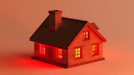 High angle view of a miniature brick house under red lighting on a beige backdrop.
