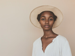 Elegant Portrait of Black Woman in Straw Hat and White Shirt Against Neutral Background Showcasing Timeless Beauty and Sophistication


