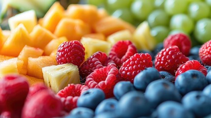 A close-up of a colorful fruit platter with melon, pineapple, and berries, showcasing a healthy snack