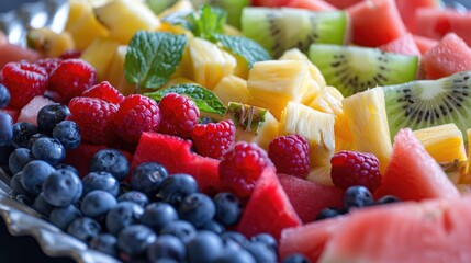 A close-up of a colorful fruit platter with melon, pineapple, and berries, showcasing a healthy snack