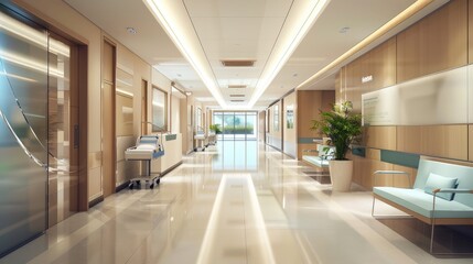 Patient Pathway, 3D Rendering of an Empty Corridor in a Modern Hospital, Highlighting the Journey of Patients through the Healthcare System