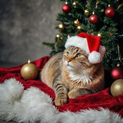 Obraz premium A sweet cat in the image of Santa Claus with a sly face puts gifts under the Christmas tree