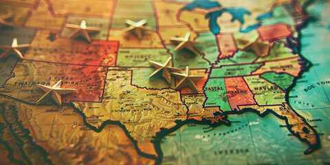 Naklejka premium The American Dream Alive: A map of the United States, with stars marking the locations of notable American landmarks.