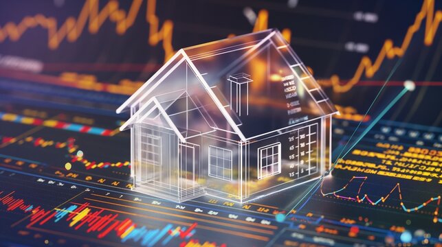 Translucent house model encircled by 3D financial scatter plots and trend analyses.