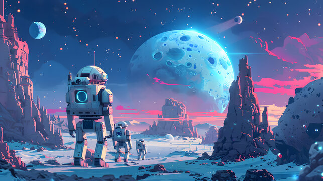 exploration of outer space with a vector scene featuring AI-driven robots on extraterrestrial missions. rovers and drones exploring alien landscapes, showcasing the technological