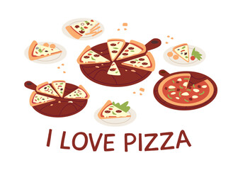 Pizza slice in flat style vector illustration. I like pizza.