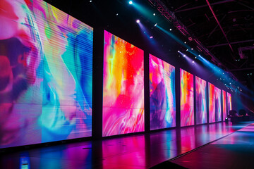 Large led projection screens. Colorful abstract background. Light show on the stage.	