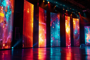 Large led projection screens. Colorful abstract background. Light show on the stage.	