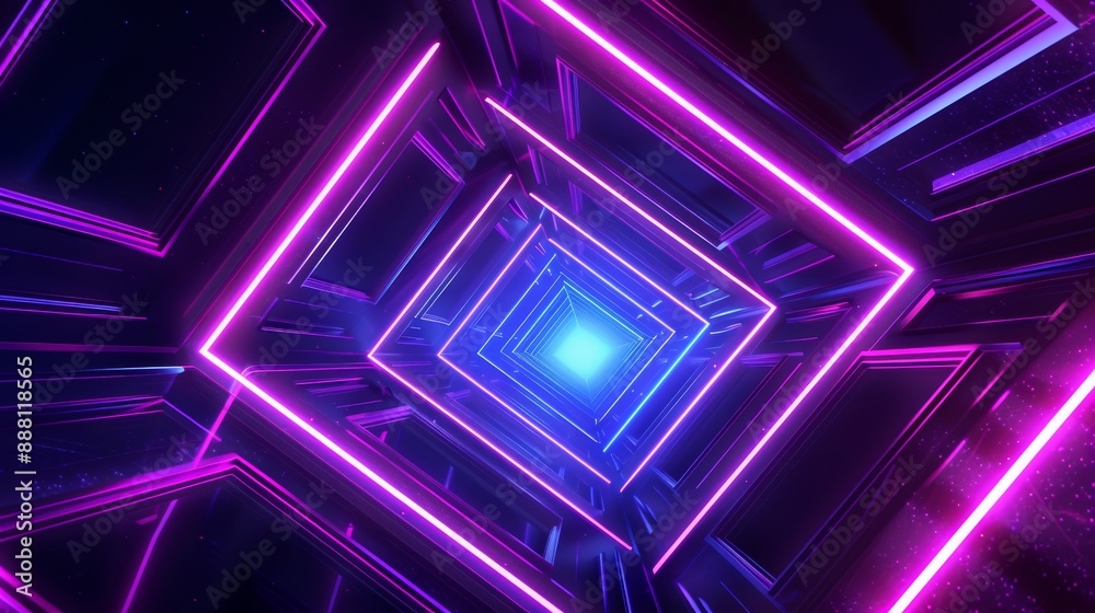 Poster the illusion of a purple grid on a perspective floor is accompanied by an abstract neon light backgr