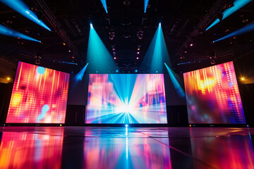 Large led projection screens. Colorful abstract background. Light show on the stage.	